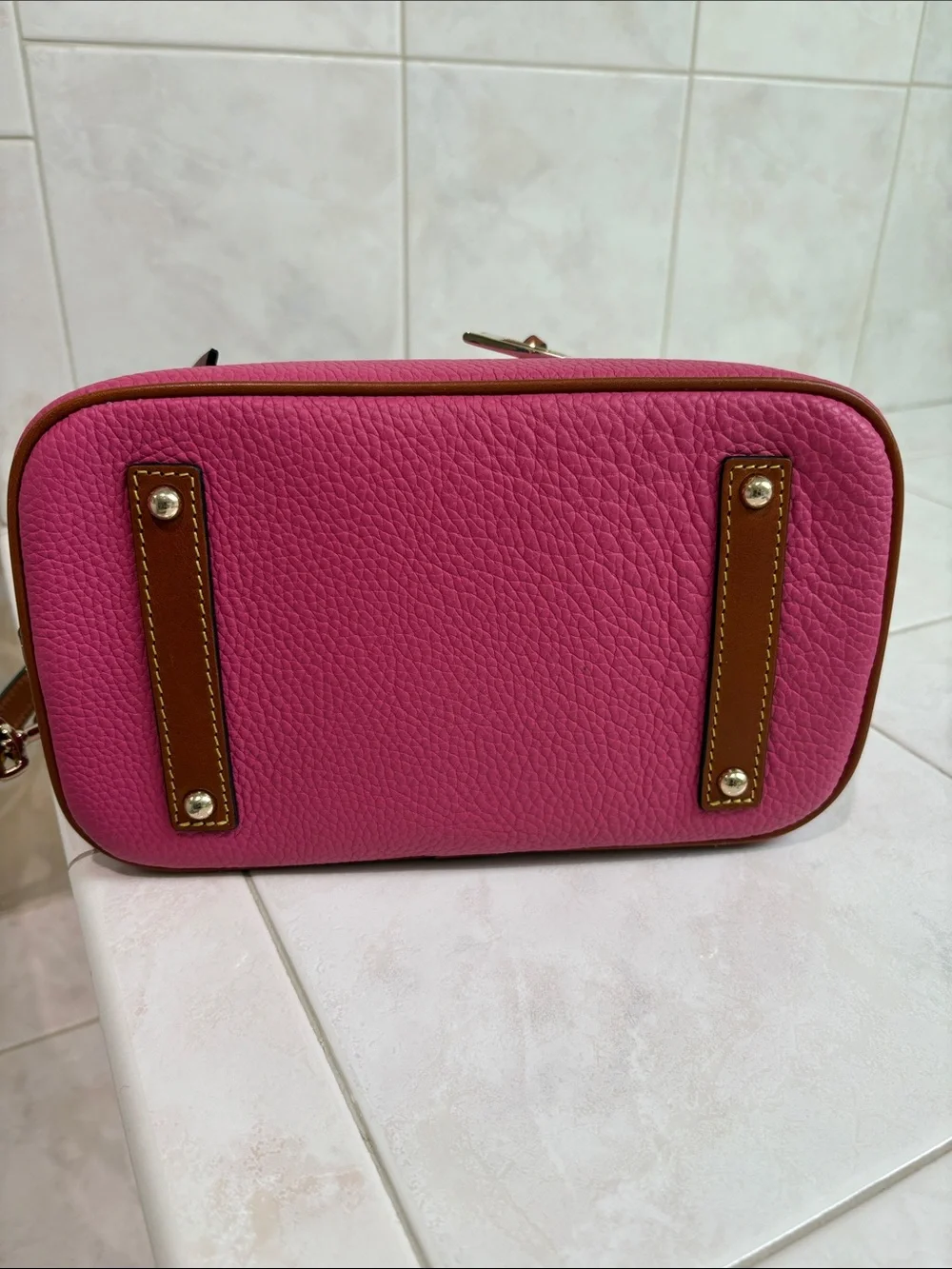 Dooney & Bourke Hot Pink Pebbled Grain Leather Domed Satchel with Brown Trimk